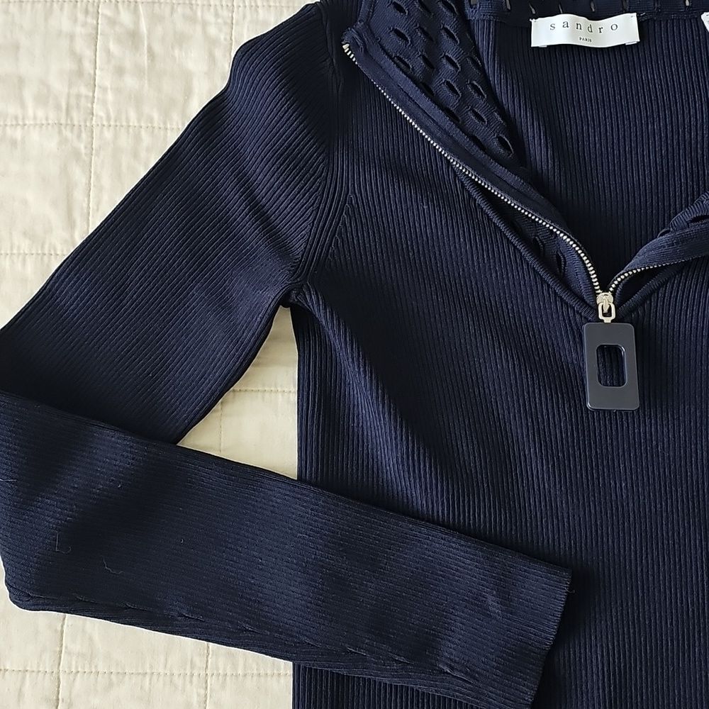 Sandro Womens Navy Cutout Knit Sweater Half Zip - Picture 4 of 6